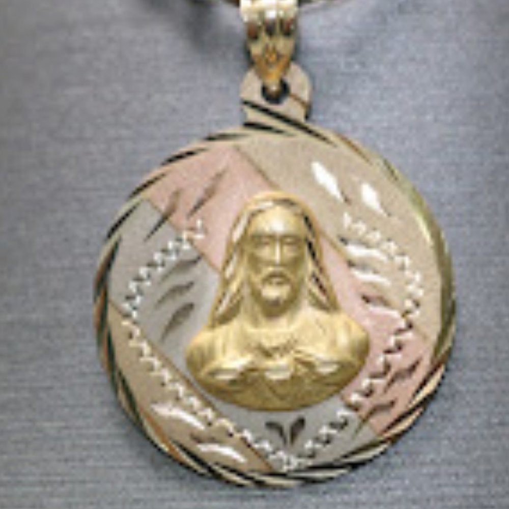 14kt Tri-tone Jesus Medal Pendant with 14kt Tri-tone Hollow Trace Chain